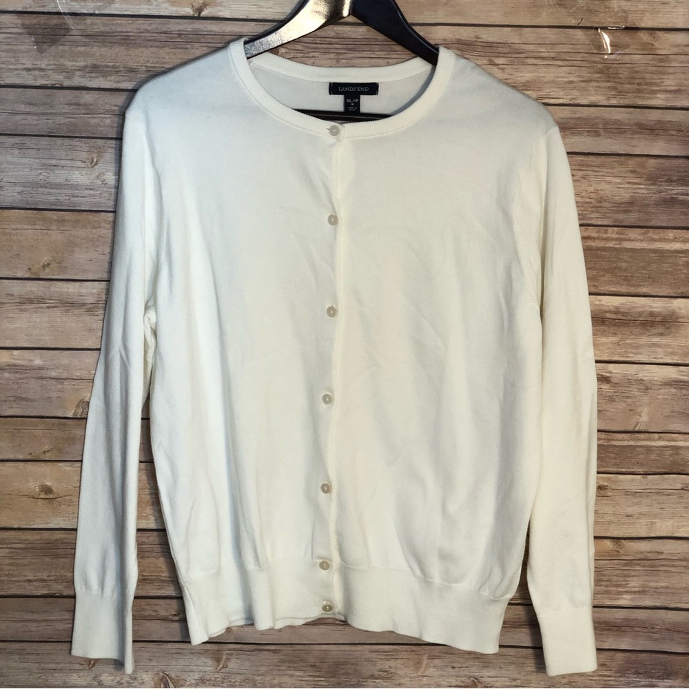 Lands End Ivory Button Down Crewneck Cardigan